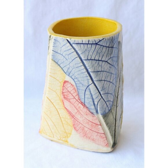 Handmade Ceramic Multicolor Pencil Holder Organic Shape leaf texture Vase unique - Picture 7 of 10